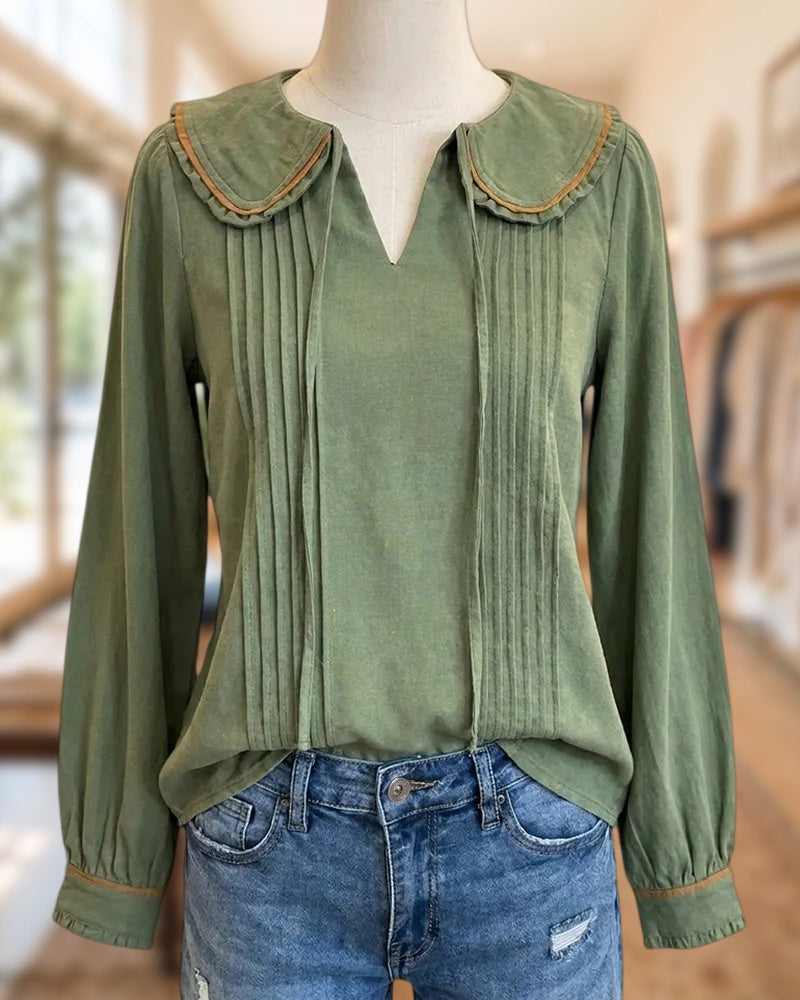 Peter Pan Collar Pleated Tie Neck Long Sleeve Blouse