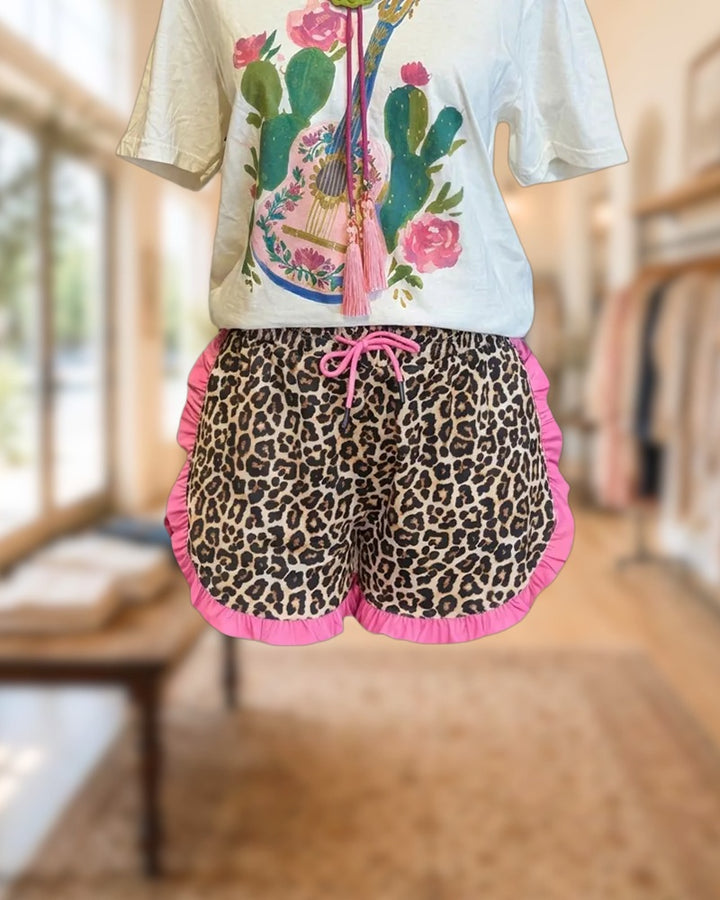 Leopard Print Cute Ruffles Trim Drawstring Shorts