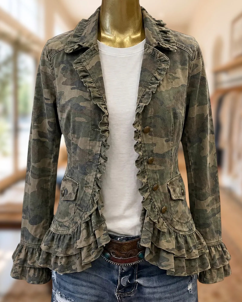 Camo Print Ruffled Lapel Single Breasted Slim Fit Jacket