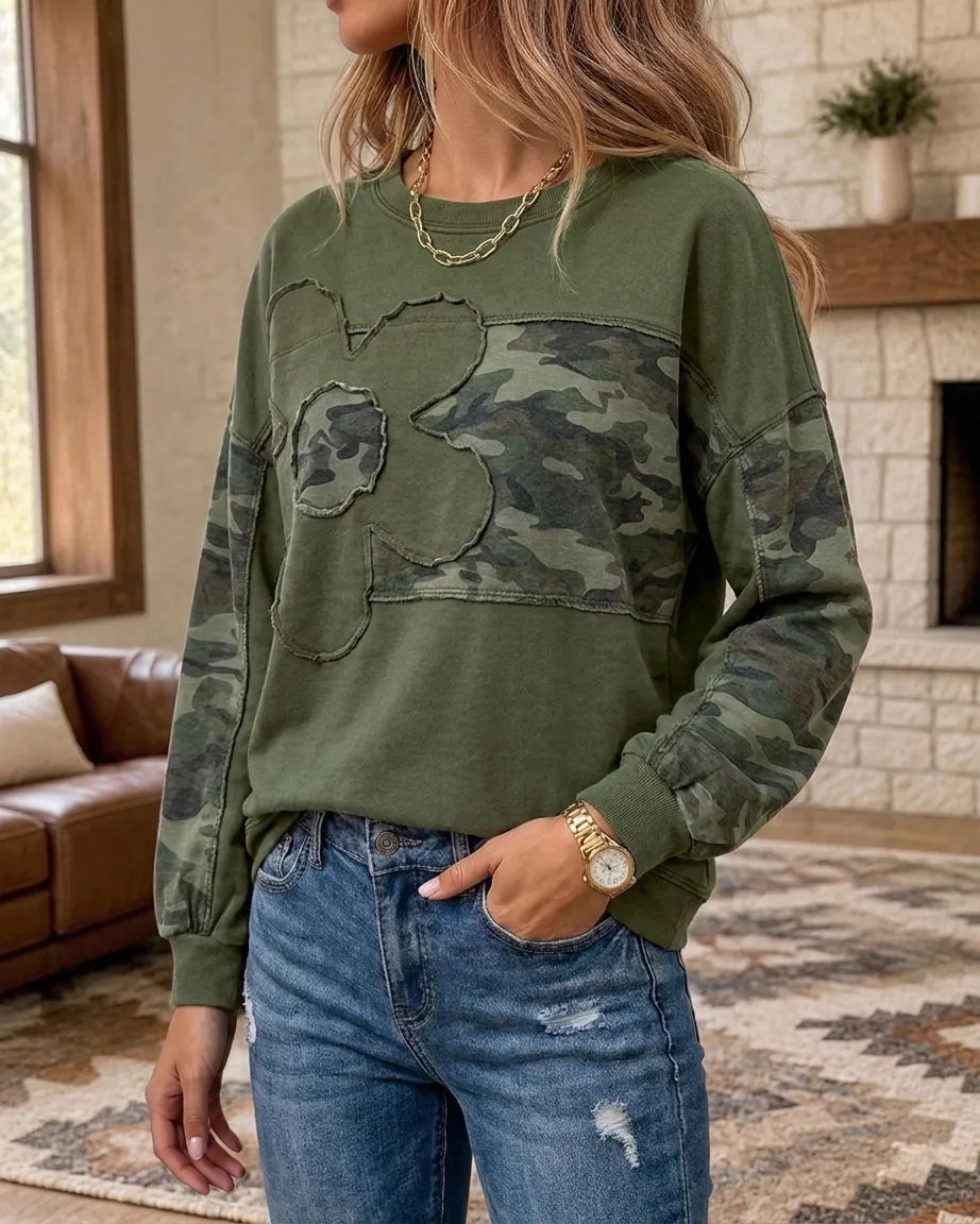 Plaid Patchwork Applique Raw Edge Crew Neck Loose Casual Sweatshirt