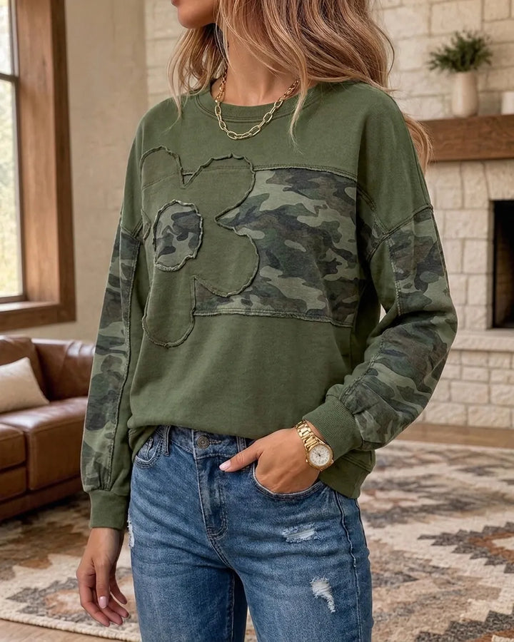 Plaid Patchwork Applique Raw Edge Crew Neck Loose Casual Sweatshirt