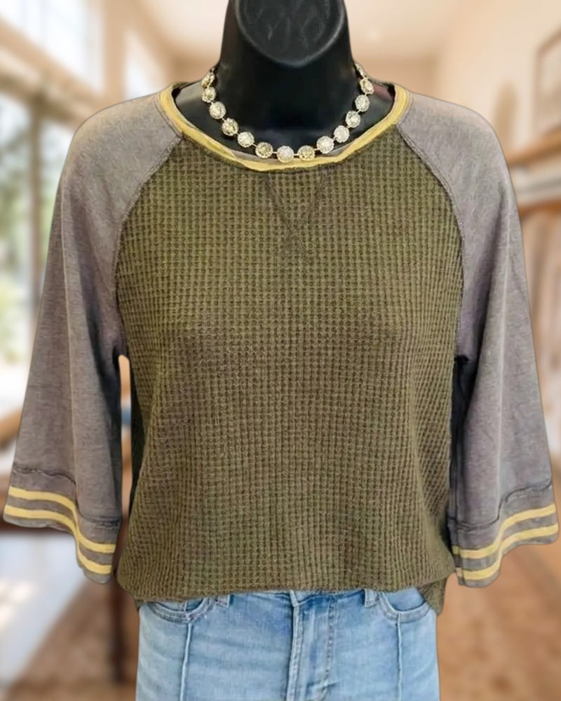 Waffle Knit Raglan Sleeve Contrast Trim Striped Cuff Casual Top