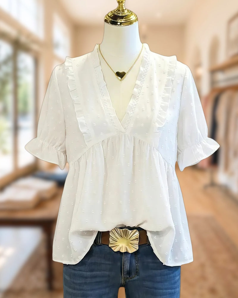 Solid Color V Neck Cute Ruffles Decor Blouse