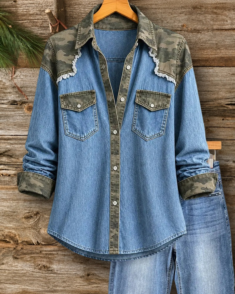 Camouflage Panel Frayed Trim Chest Pocket Long Sleeve Shirt