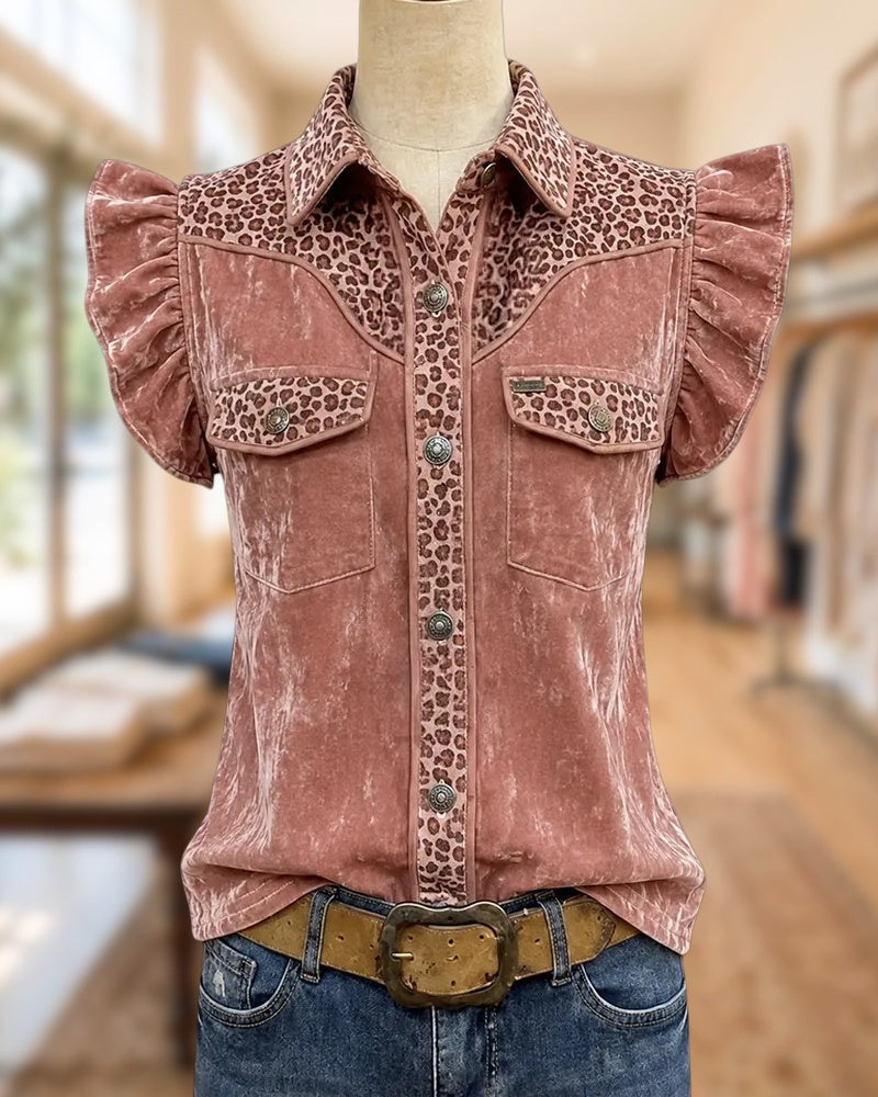 Leopard Trim Flutter Sleeve Button Front Pocket Shirt