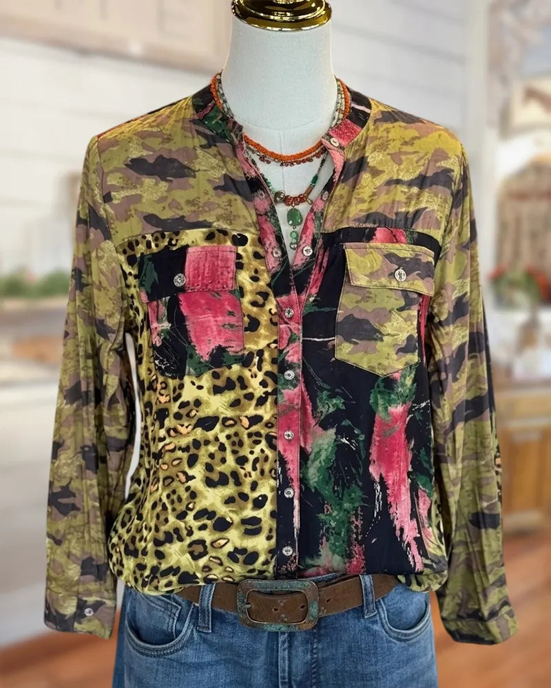 Mixed Print Stand Collar Button Front Pocket Long Sleeve Blouse