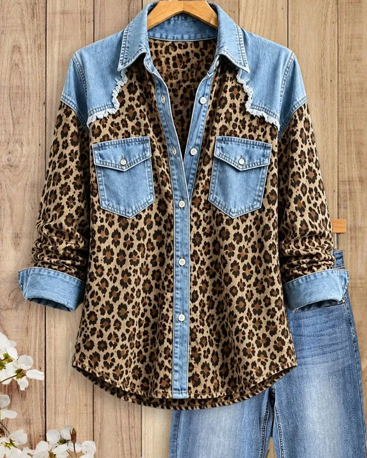 Leopard Print Denim Patchwork Frayed Button Front Shirt
