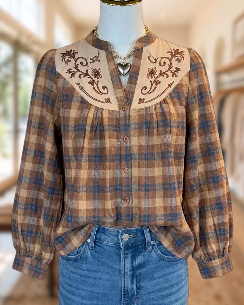 Embroidered Yoke Plaid Button Front Long Sleeve Blouse