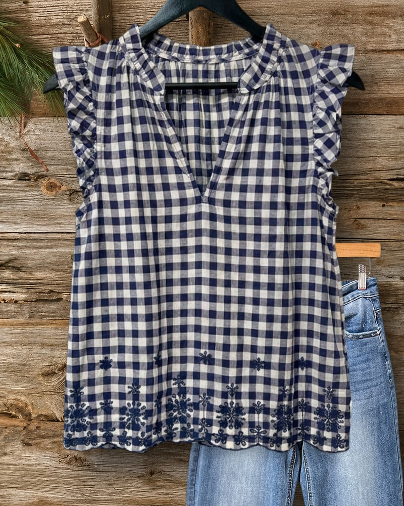 Gingham Embroidered Ruffle Trim V Neck Scalloped Hem Blouse