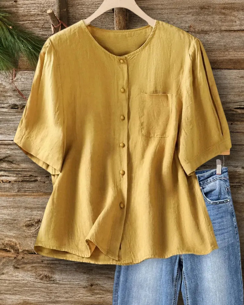 Button Front Short Sleeve Chest Pocket Relaxed Casual Blouse