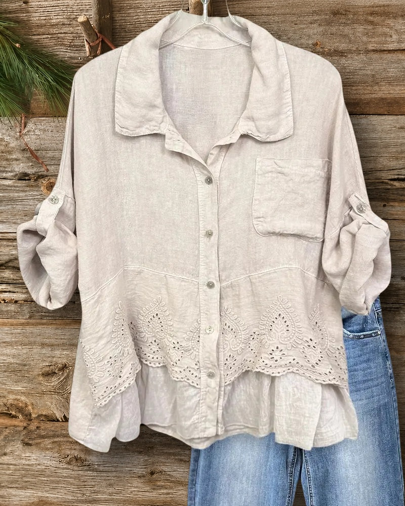 Collared Button Down Eyelet Embroidered Roll Tab Sleeve Loose Shirt