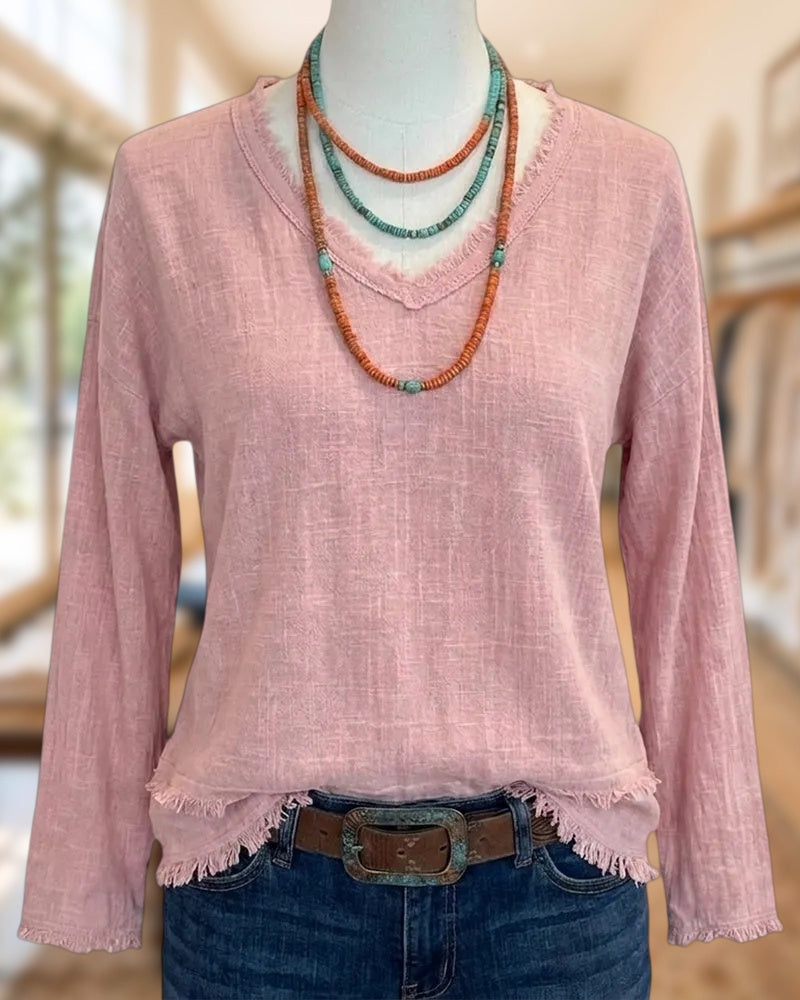 V Neck Frayed Trim Chic Blouse
