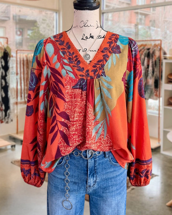 Leaf Print Tropical V Neck Lantern Sleeve Blouse