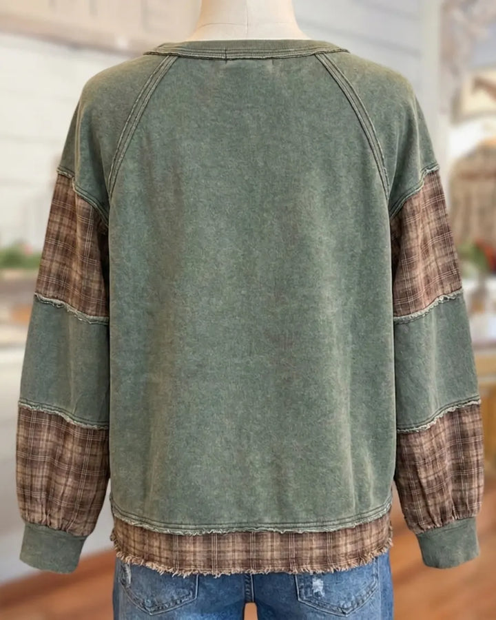 Plaid Patchwork Star Applique Raw Edge Long Sleeve Sweatshirt