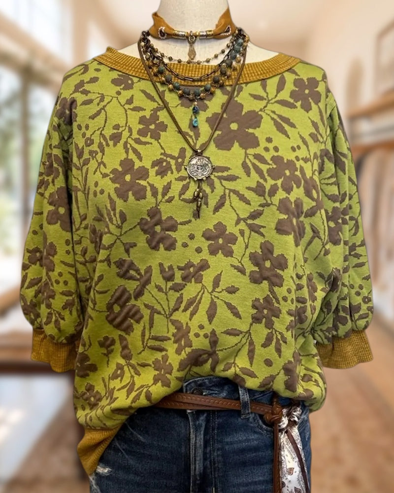 Boat Neck Floral Print Contrast Trim Loose Casual Top