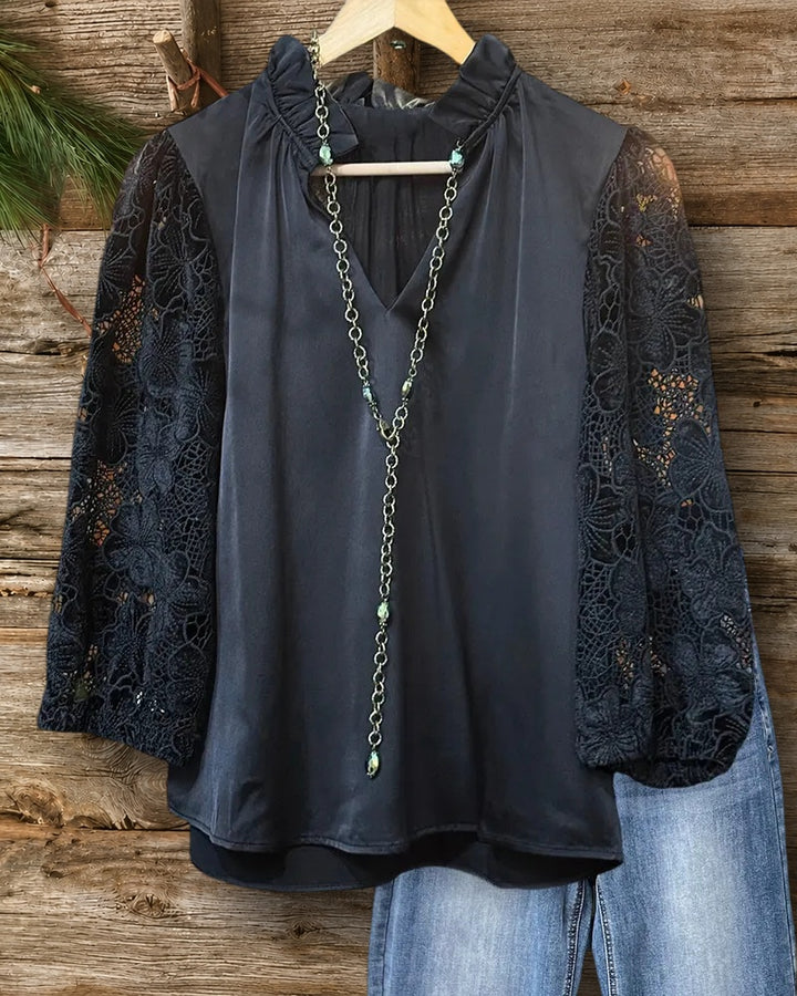V Neck Ruffle Trim Lace 3/4 Sleeve Elegant Blouse