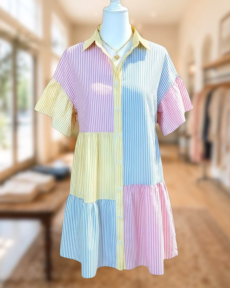 Color Block Striped Bright Ruffle Sleeve Button Up Asymmetric Mini Dress