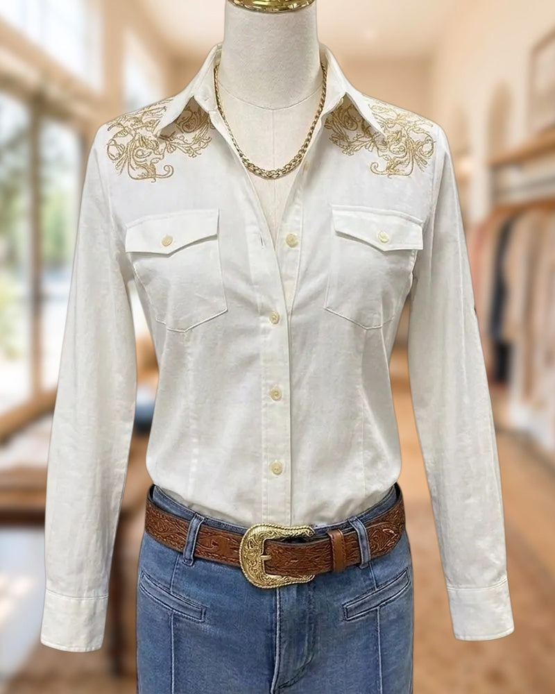 Embroidered Shoulder Button Front Long Sleeve Shirt With Flap Pockets