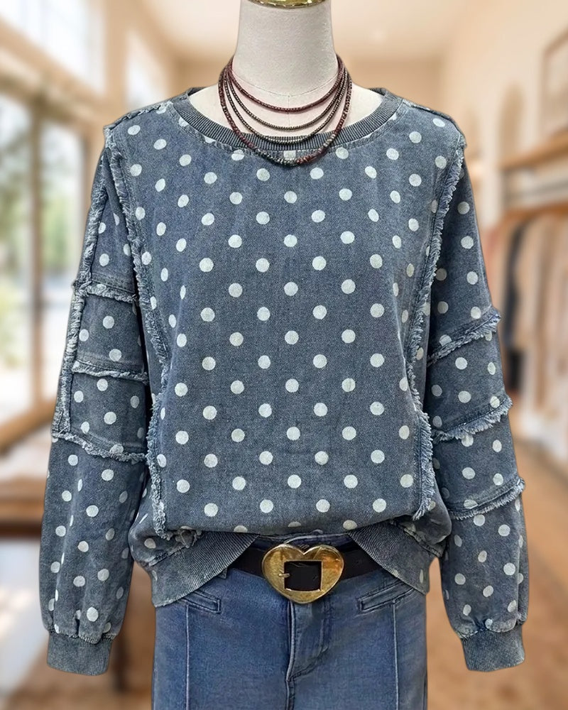 Polka Dot Frayed Trim Crew Neck Loose Casual Sweatshirt