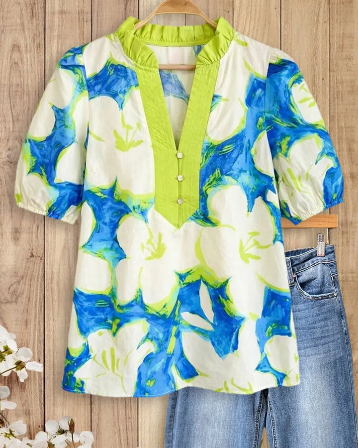 Ruffled Neck Puff Sleeve Floral Print Button Front Blouse