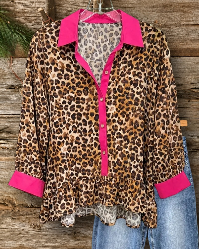 Leopard Print Contrast Trim Ruffled Hem Button Front Blouse
