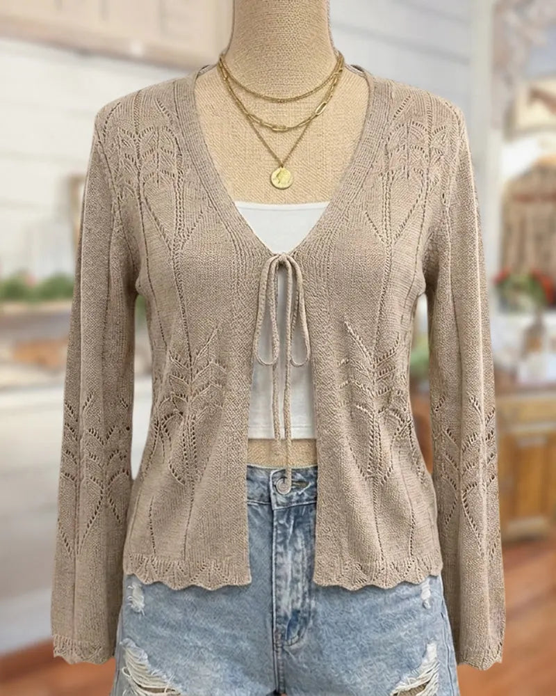 Tie Front Pointelle Knit Long Sleeve Scalloped Hem Cardigan