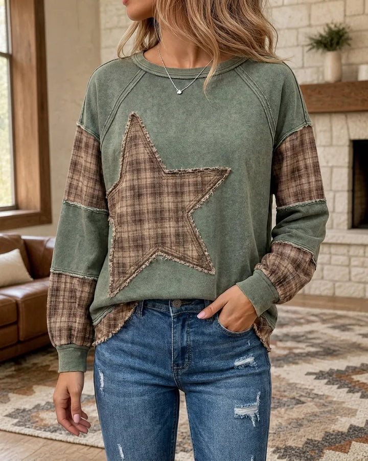 Plaid Patchwork Star Applique Raw Edge Long Sleeve Sweatshirt