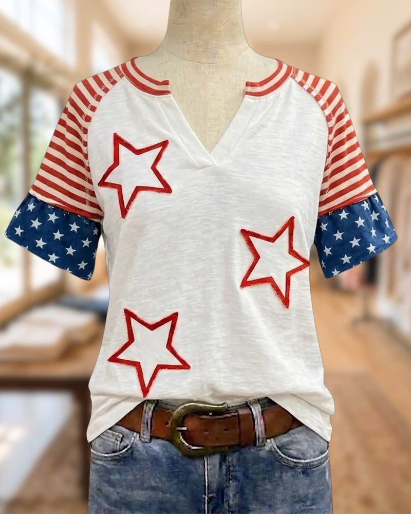 Star Applique Color Block Striped Sleeve V Neck T-Shirt