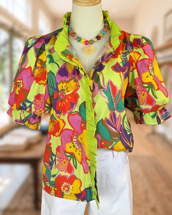 Ruffled Trim Floral Print Puff Sleeve Button Front Blouse