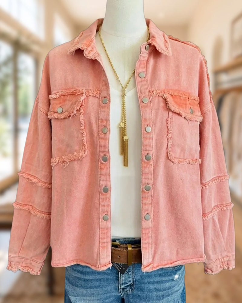Frayed Trim Long Sleeve Button Up Jacket With Flap Pockets