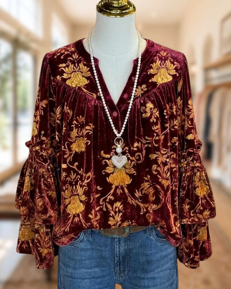 Burnout Tiered Flare Sleeve Blouse
