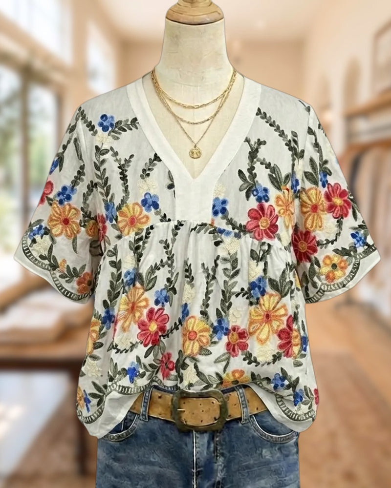 V Neck Floral Print Short Sleeve Boho Babydoll Blouse