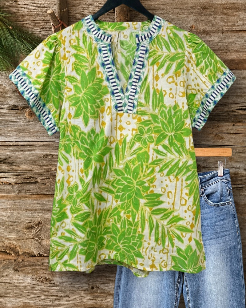 Contrast Trim V Neck Button Placket Printed Short Sleeve Blouse