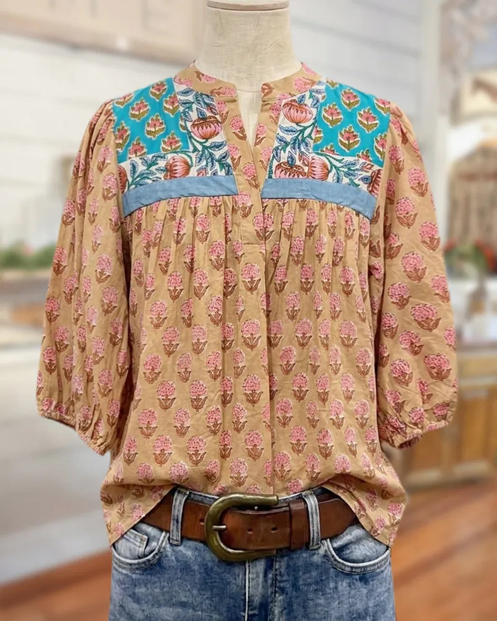 Split Neck Block Print Contrast Panel Gathered 3/4 Sleeve Blouse