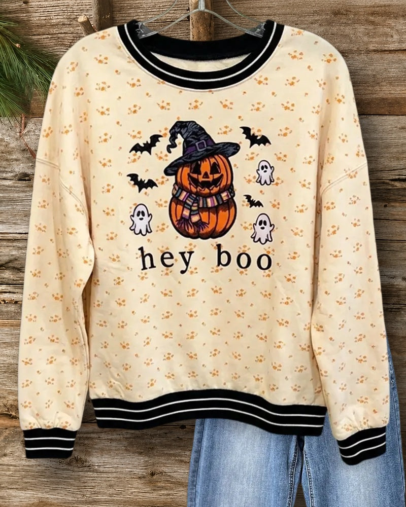 Hey Boo Pumpkin Ghost Bat Graphic Striped Trim Sweatshirt