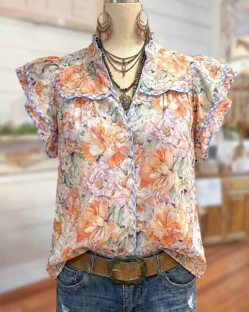 Floral Print Ruffled Trim Flutter Sleeve Loose Casual Blouse