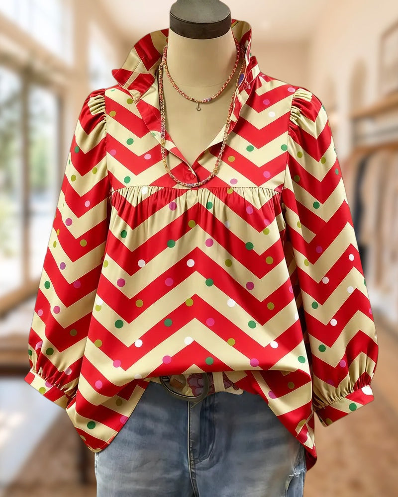 Polka Dot & Chevron Print V Neck Colorful Blouse