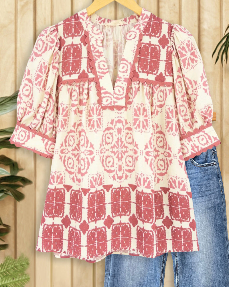 Tribal Print V Neck Glamorous Scalloped Trim T-Shirt