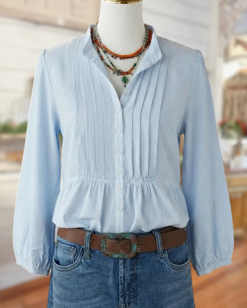 3/4 Sleeve Mandarin Collar Pintuck Gathered Waist Button Front Blouse