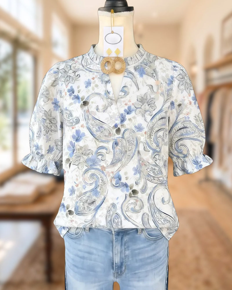 Paisley Print Boho Puff Sleeve V Neck Blouse