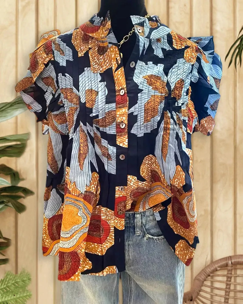 Floral Print Elegant Ruffle Sleeve Button Down T-Shirt
