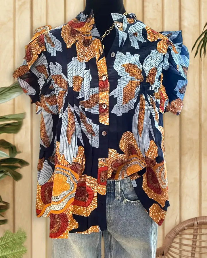 Floral Print Elegant Ruffle Sleeve Button Down T-Shirt