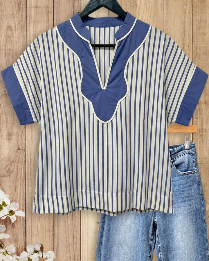 Striped Contrast Trim V Neck Short Sleeve Blouse