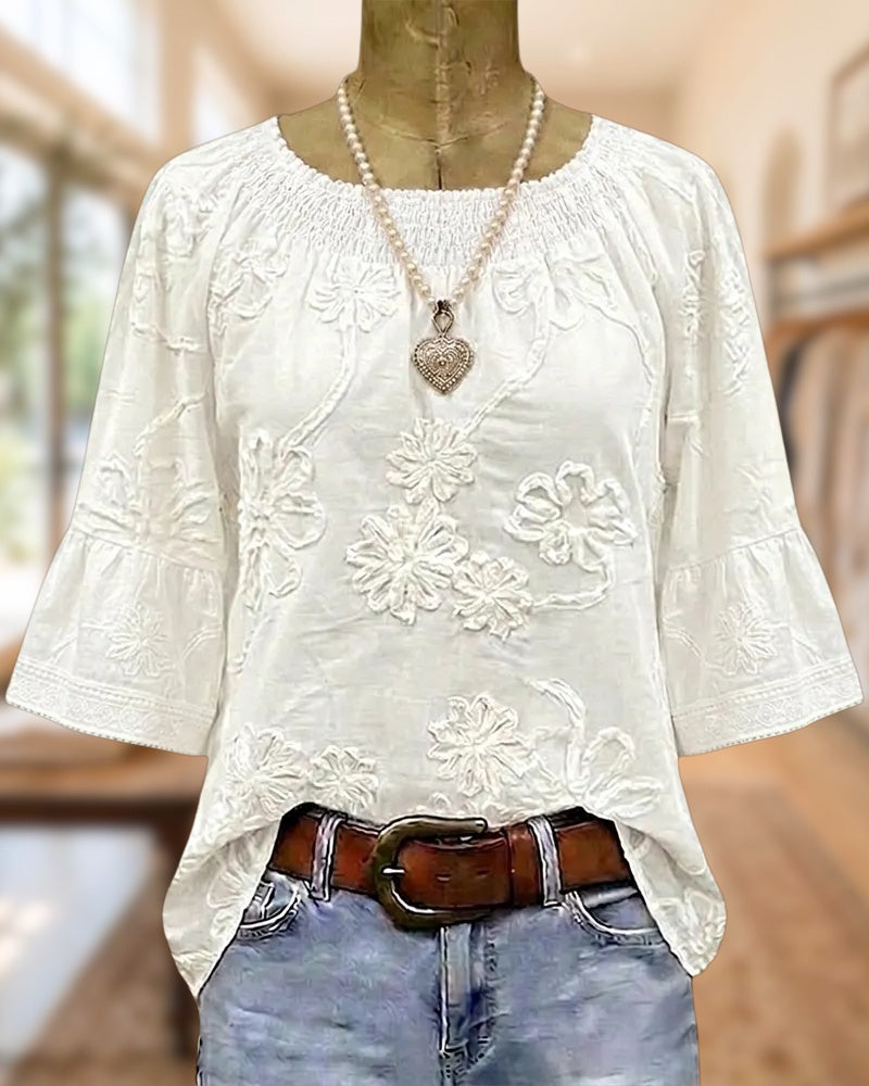 Floral Embroidered Flare Sleeve Smocked Neck Relaxed Fit Blouse
