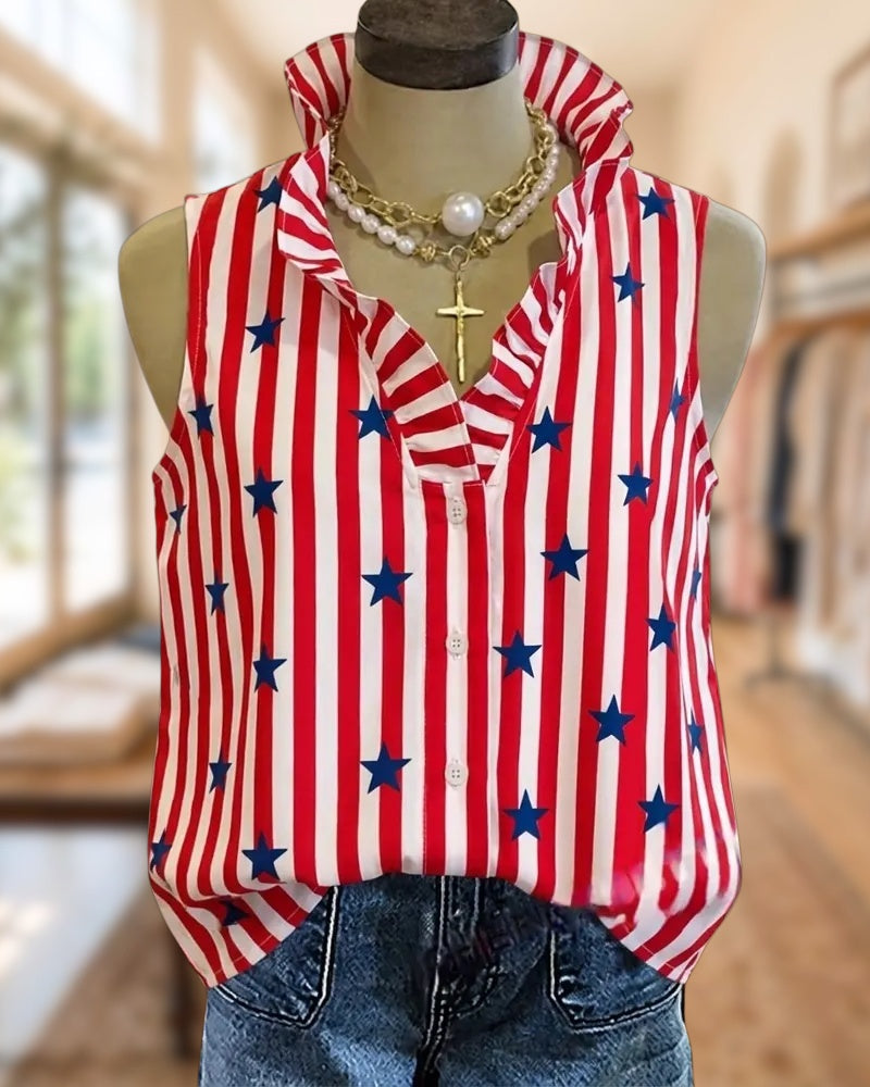 Ruffled V Neck Button Front Sleeveless Casual Summer Blouse