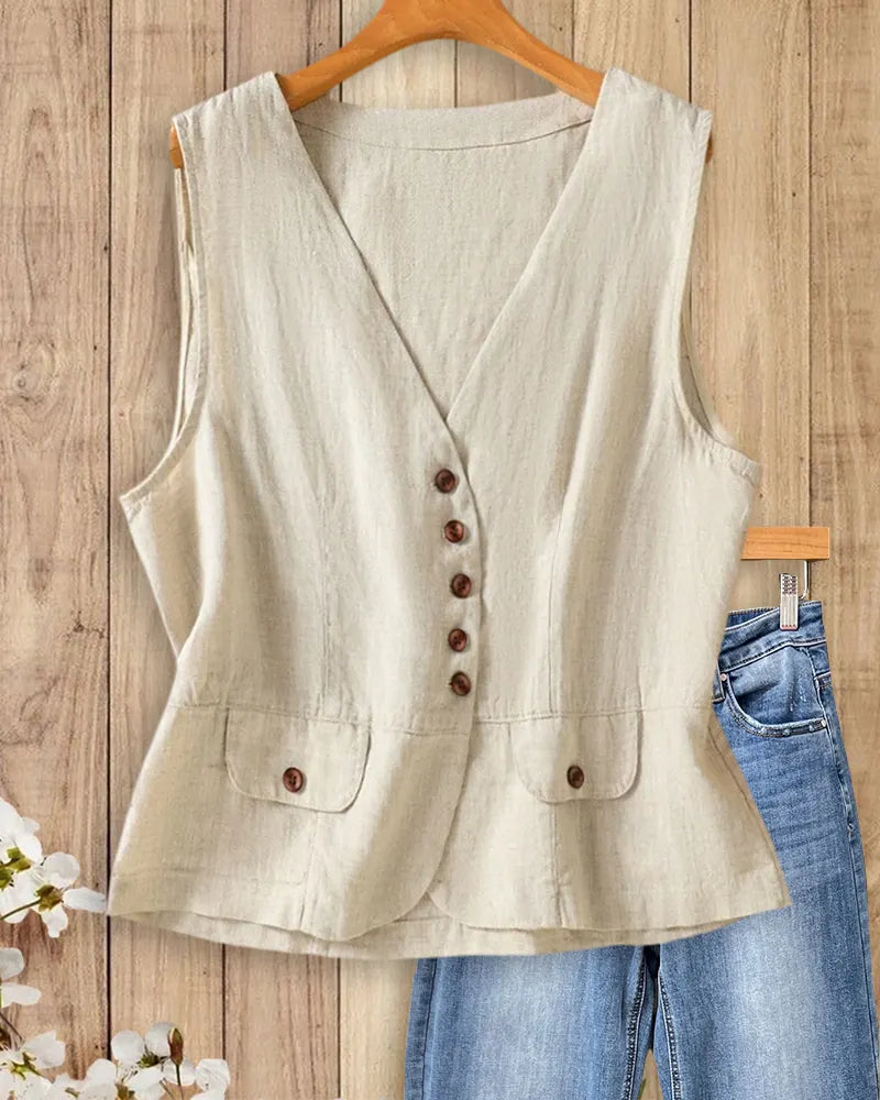 V Neck Button Front Flap Pocket Sleeveless Casual Waistcoat