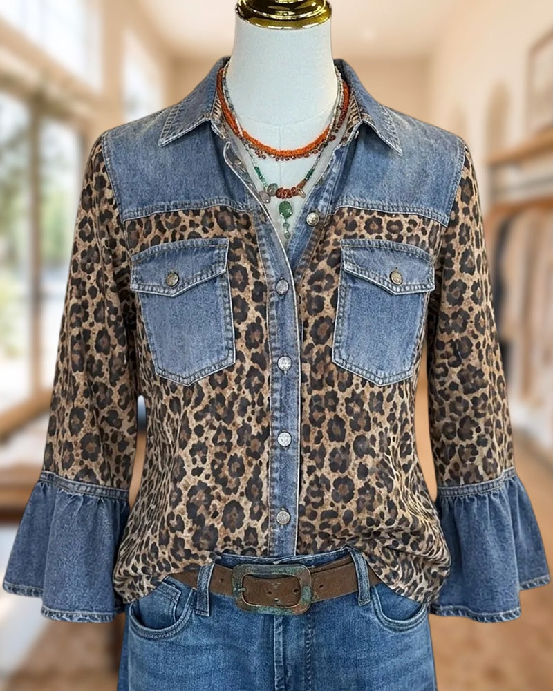 Leopard Print Denim Patchwork Flare Cuff Button Shirt