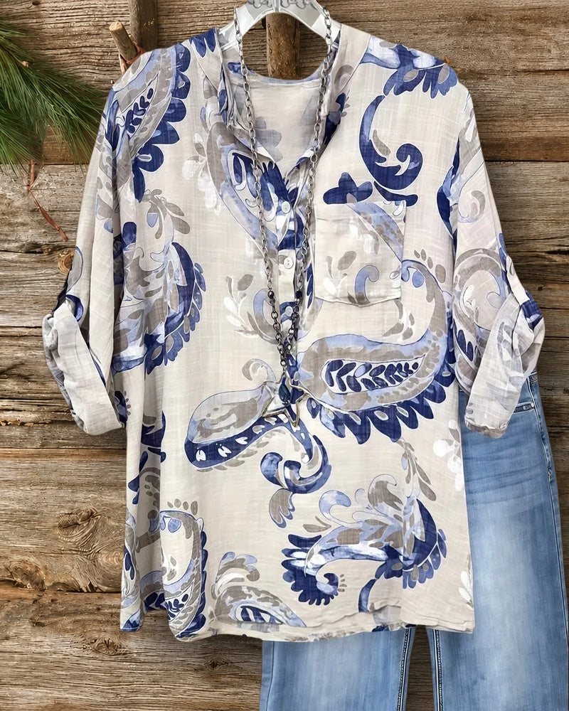 Paisley Print Bohemia V Neck Button Front Blouse
