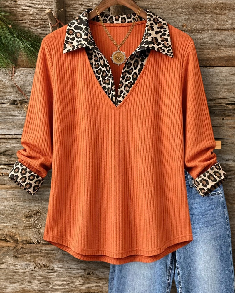 Leopard Contrast Collared Ribbed Long Sleeve Blouse