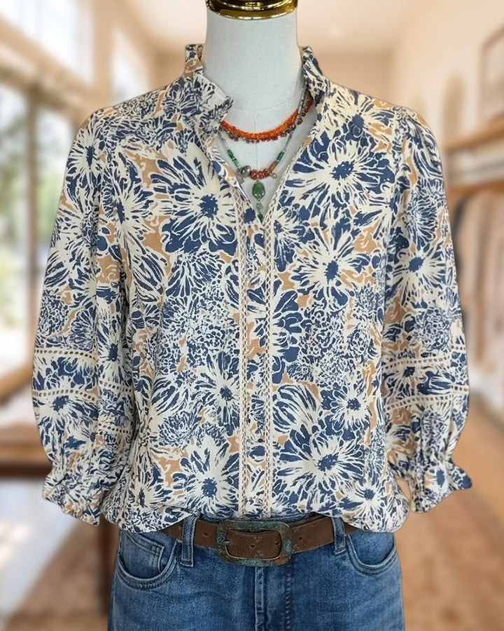 Floral Print Lace Trim Puff Sleeve Relaxed Fit Blouse